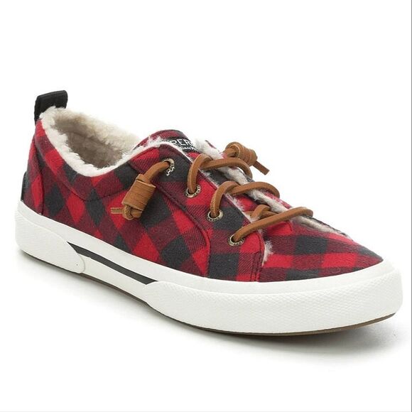 Sperry Pier Wave Plaid Red & Black Slip On Casual Sneaker - Picture 1 of 10